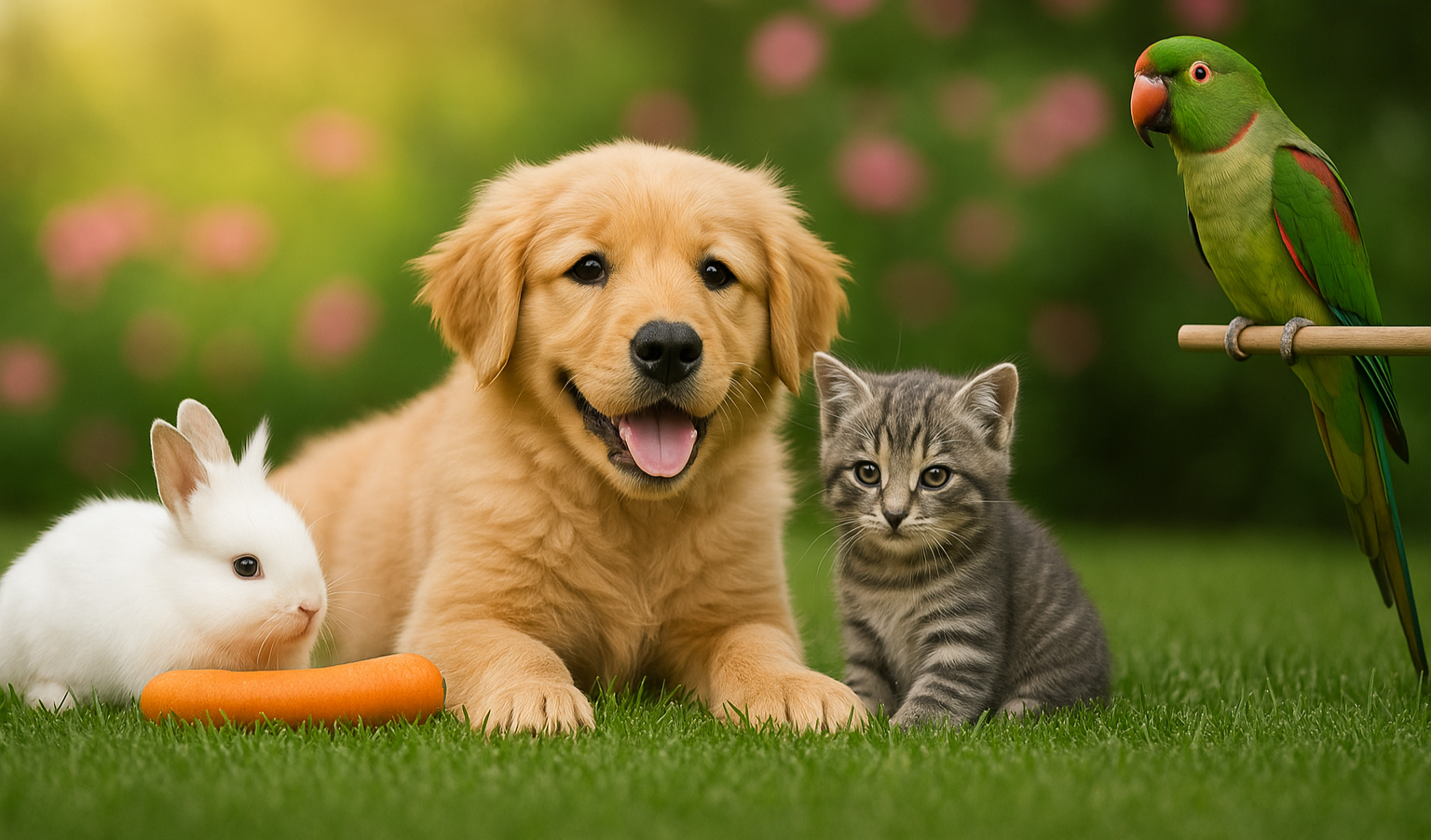 Puppy, kitten, rabbit, and parrot on a grassy field with a blurred floral background